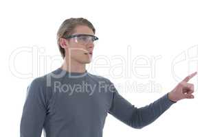 Businessman gesturing while wearing smart glasses