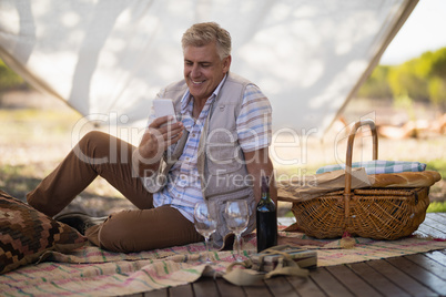 Happy man using mobile phone in cottage