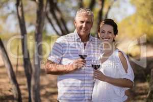 Portrait of smiling couple holding a glass of red wine