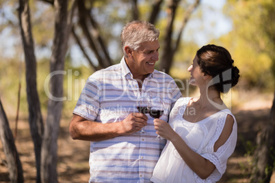 Smiling couple toasting a glass of red wine