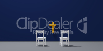 zwei stühle und christliches kreuz