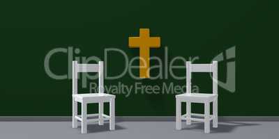 zwei stühle und christliches kreuz
