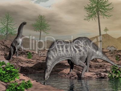 Amargasaurus dinosaur herd going to drink - 3D render