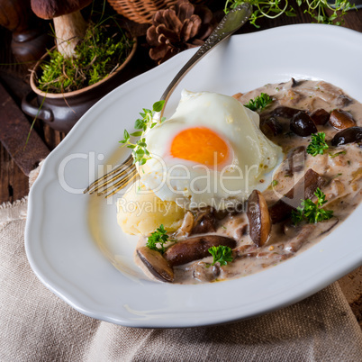 Forest mushroom sauce with fresh mushrooms, potato and poached e