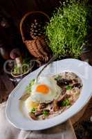 Forest mushroom sauce with fresh mushrooms, potato and poached e
