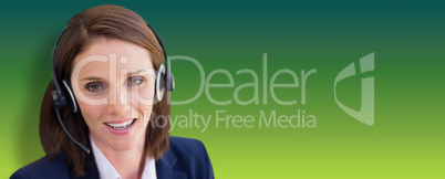 Composite image of close-up of smiling woman talking on microphone headset