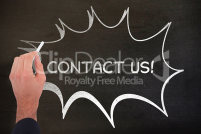 Composite image of hand of a businessman writing with a white chalk