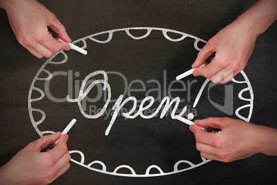 Composite image of multiple hands writing with chalk