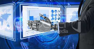 Robot business hand interacting with technology interface panels