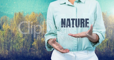 Nature text and woman explaining with forest