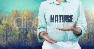 Nature text and woman explaining with forest