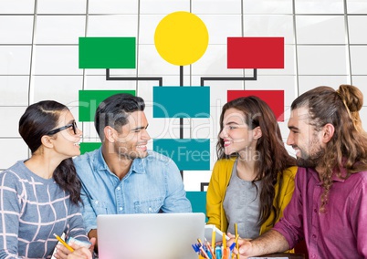 Group meeting and Colorful mind map over bright windows background