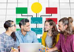 Group meeting and Colorful mind map over bright windows background