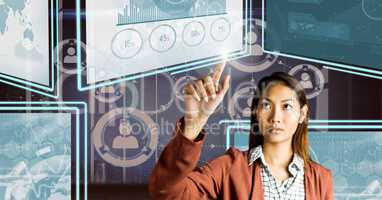 woman touching and interacting with technology interface panels