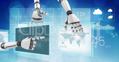Robot hands interacting with technology interface panels of world weather