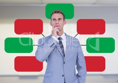 Businessman and Colorful mind map over bright background