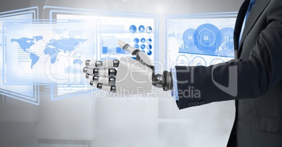 Robot business hand interacting with technology interface panels