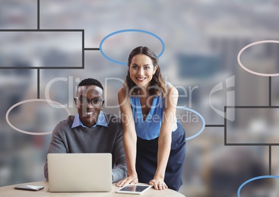 Man and woman and Colorful mind map over city background