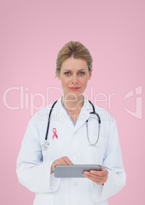 Doctor woman with breast cancer awareness ribbon