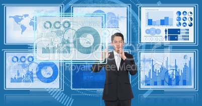 Businessman touching and interacting with technology interface panels