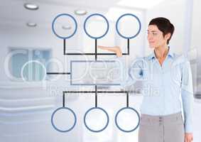 Businesswoman and mind map over bright office background