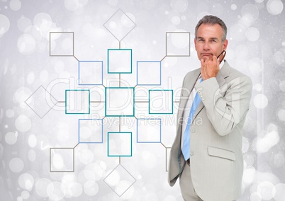 Businessman and Colorful mind map over sparkling background