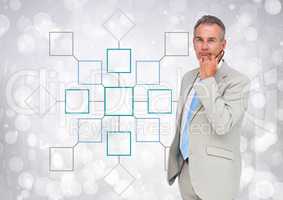 Businessman and Colorful mind map over sparkling background