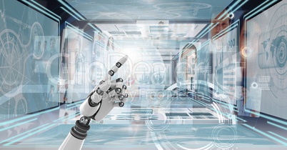 Robot hand interacting with technology interface panels
