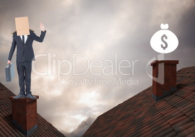 Money icon and Businessman standing on Roofs with chimney and cardboard box on his head and dramatic
