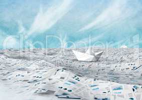 sea of documents under sky clouds with paper boat