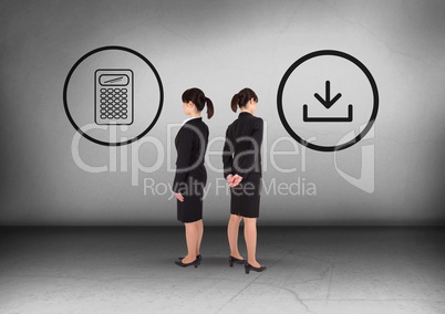 Calculator or download icon with Businesswoman looking in opposite directions