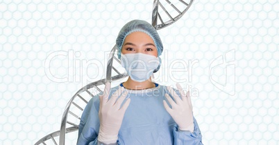 Doctor woman standing with 3D DNA strand