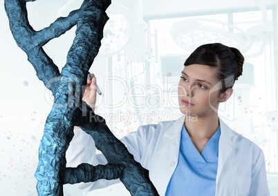 Doctor woman interacting with 3D DNA strand