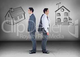 Two houses with Businessman looking in opposite directions
