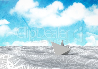 sea of documents under sky clouds with paper boat