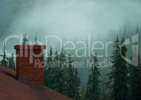 Roof with chimney and misty forest