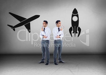 Plane or rocket with Businessman looking in opposite directions