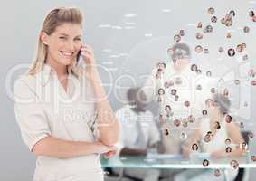 Woman holding phone with Profile portraits of people contacts