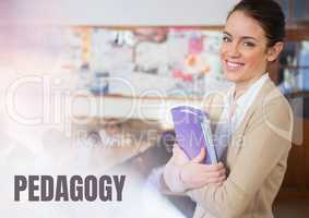 Pedagogy text and Elementary school teacher with class