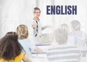 English text and teacher with class