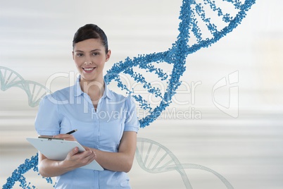 Happy doctor woman holding a folder with 3D DNA strands