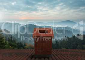 Roof with chimney and misty landscape