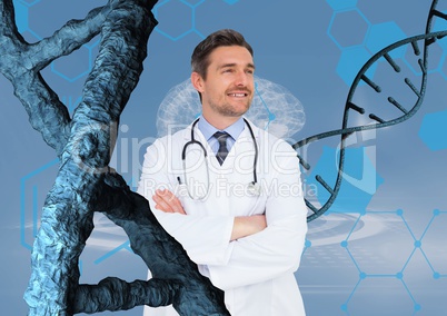 Happy doctor man standing with 3D DNA strands