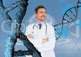 Happy doctor man standing with 3D DNA strands