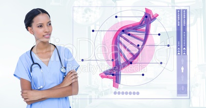 Doctor woman standing with DNA interface