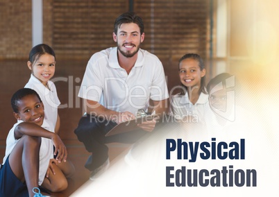 Physical education text and  teacher with class