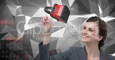 Woman touching and interacting with virtual reality headset with transition effect