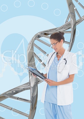 Doctor woman reading with 3D DNA strand