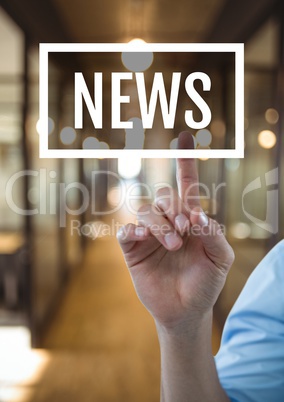 Hand interacting with news business text against blurred background
