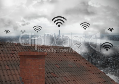 Wi-fi icons over roof and city
